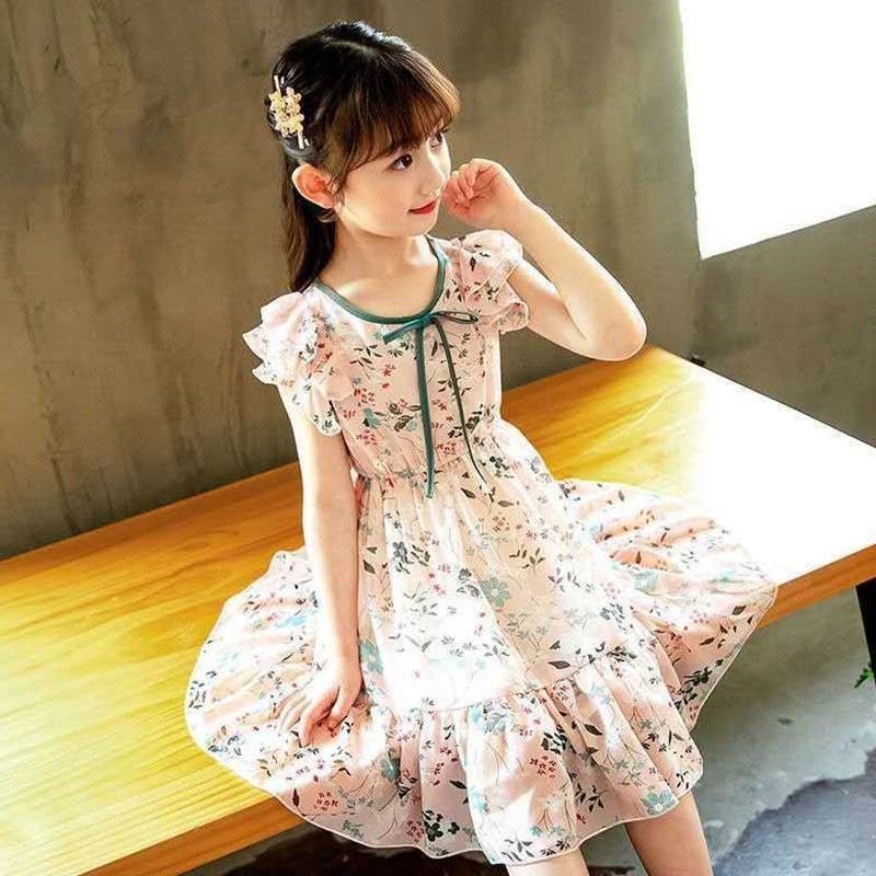 Korean girls' chiffon dress 2021 Summer thin Korean-style dress with small floral prints and A cinched waist A-line dress for children