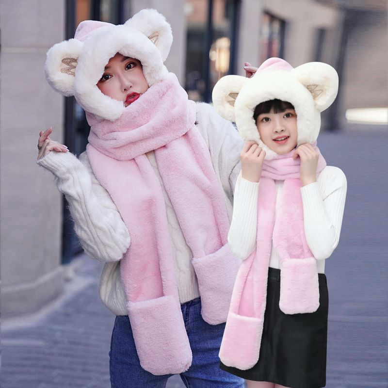 Bear Hat Korean Version Of Cute Female All-In-One Autumn Winter Winter Scarf Warm Gloves Bib Three-Piece Set Tide details Picture