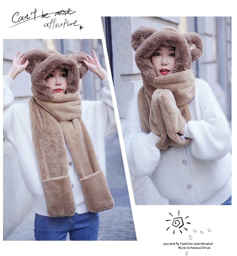 2021 New Network Red Winter Korean Version Cute Bear Hat, Neck, Scarf And Gloves For Women Autumn And Winter undefined