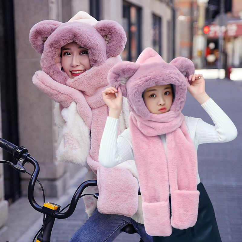 Bear Hat Korean Version Of Cute Female All-In-One Autumn Winter Winter Scarf Warm Gloves Bib Three-Piece Set Tide Application Scenario