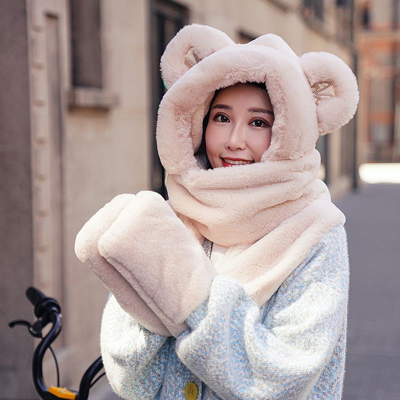 2021 New Network Red Winter Korean Version Cute Bear Hat, Neck, Scarf And Gloves For Women Autumn And Winter Specification drawing