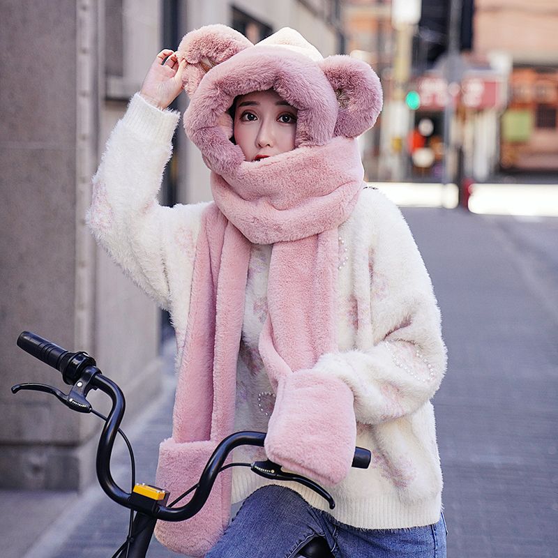 2021 New Network Red Winter Korean Version Cute Bear Hat, Neck, Scarf And Gloves For Women Autumn And Winter details Picture
