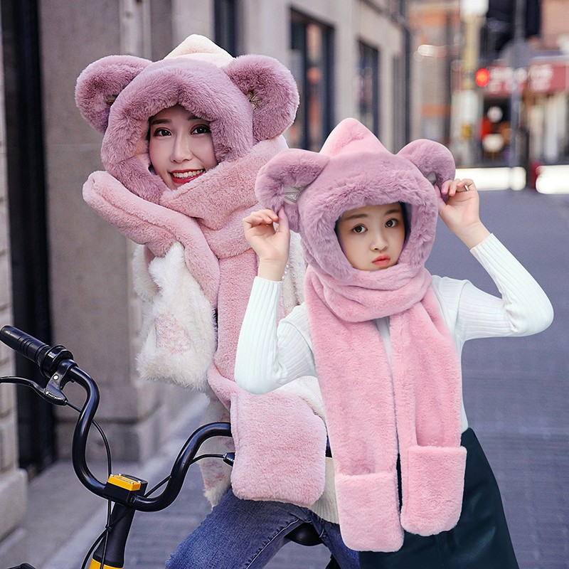 Bear Hat Korean Version Of Cute Female All-In-One Autumn Winter Winter Scarf Warm Gloves Bib Three-Piece Set Tide undefined