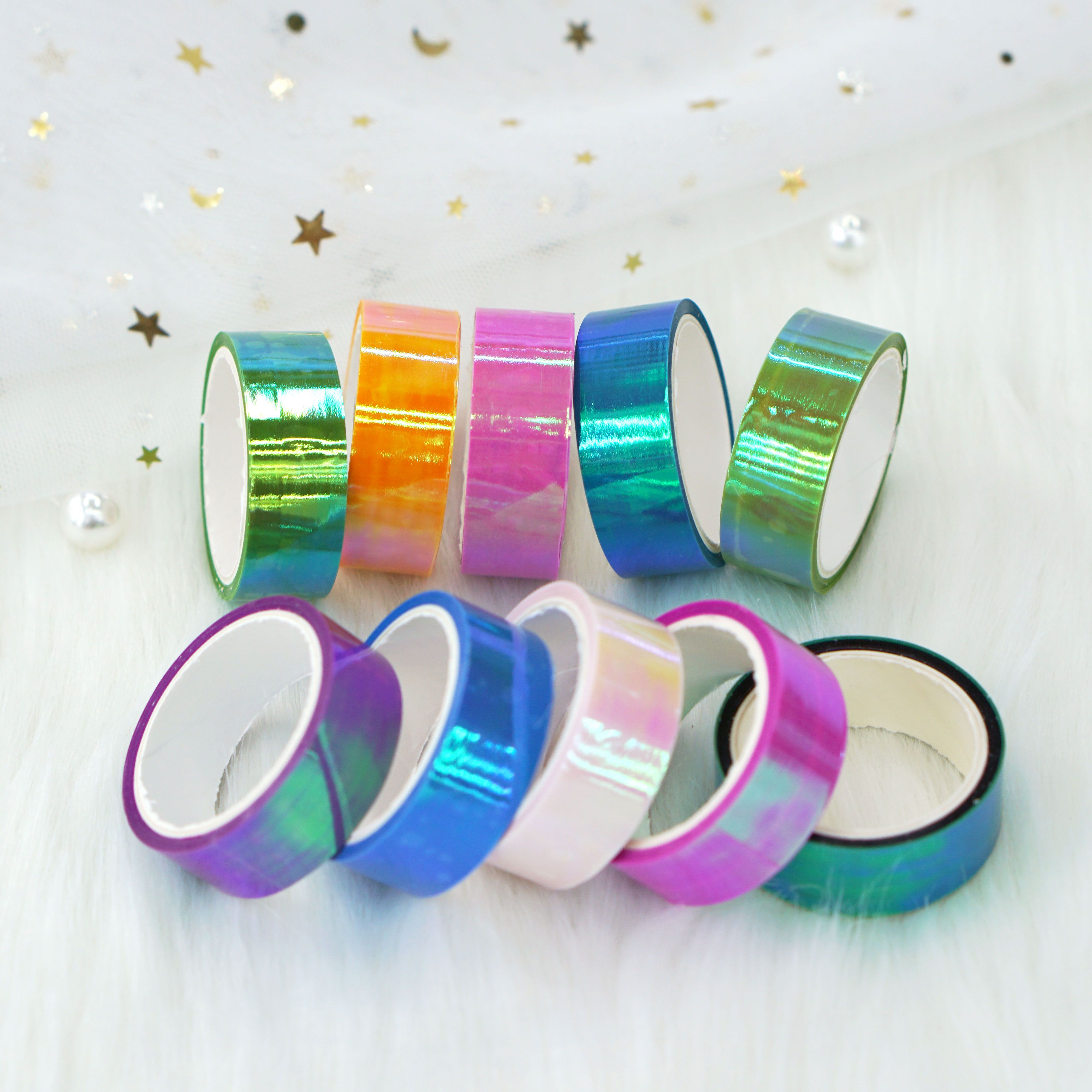 10 rolls of rainbow film, laser film tape, gradient Mermaid Girl cool planner DIY decorative PE stickers, 5 meters long Specification image