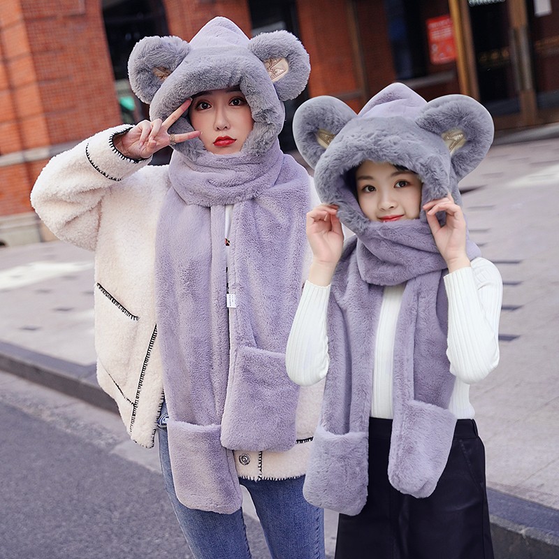 Bear Hat Korean Version Of Cute Female All-In-One Autumn Winter Winter Scarf Warm Gloves Bib Three-Piece Set Tide undefined