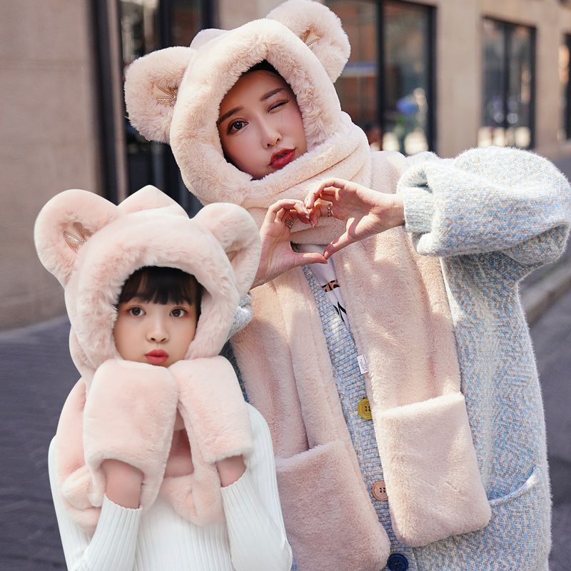 Bear Hat Korean Version Of Cute Female All-In-One Autumn Winter Winter Scarf Warm Gloves Bib Three-Piece Set Tide Item Picture