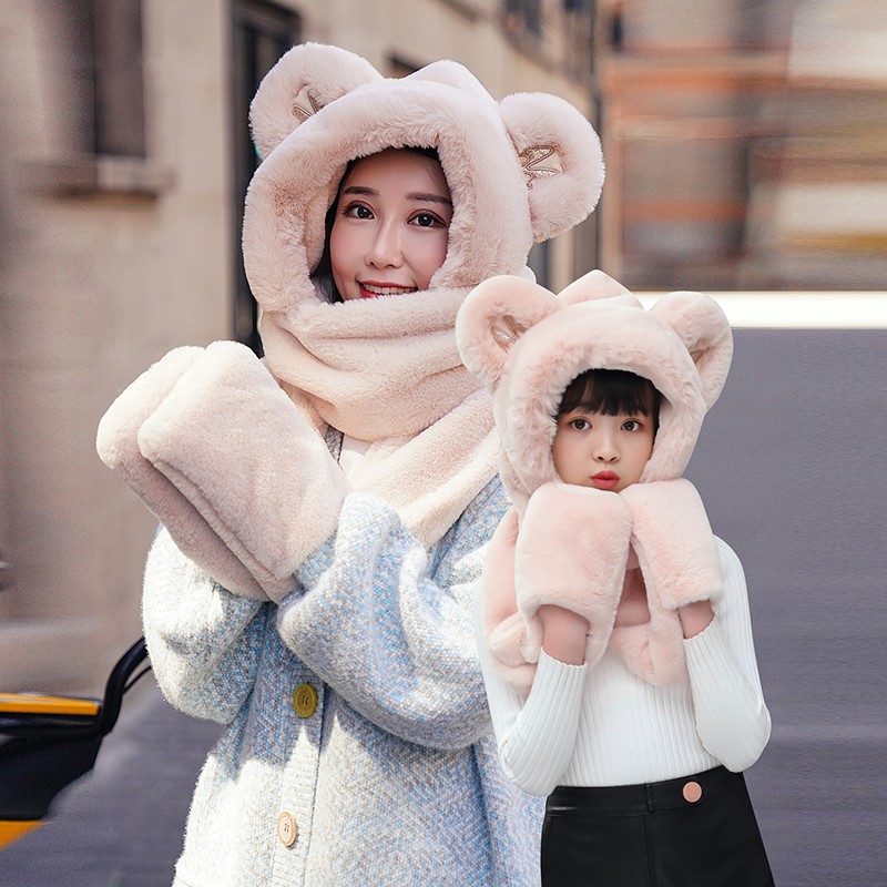 Bear Hat Korean Version Of Cute Female All-In-One Autumn Winter Winter Scarf Warm Gloves Bib Three-Piece Set Tide Application Scenario