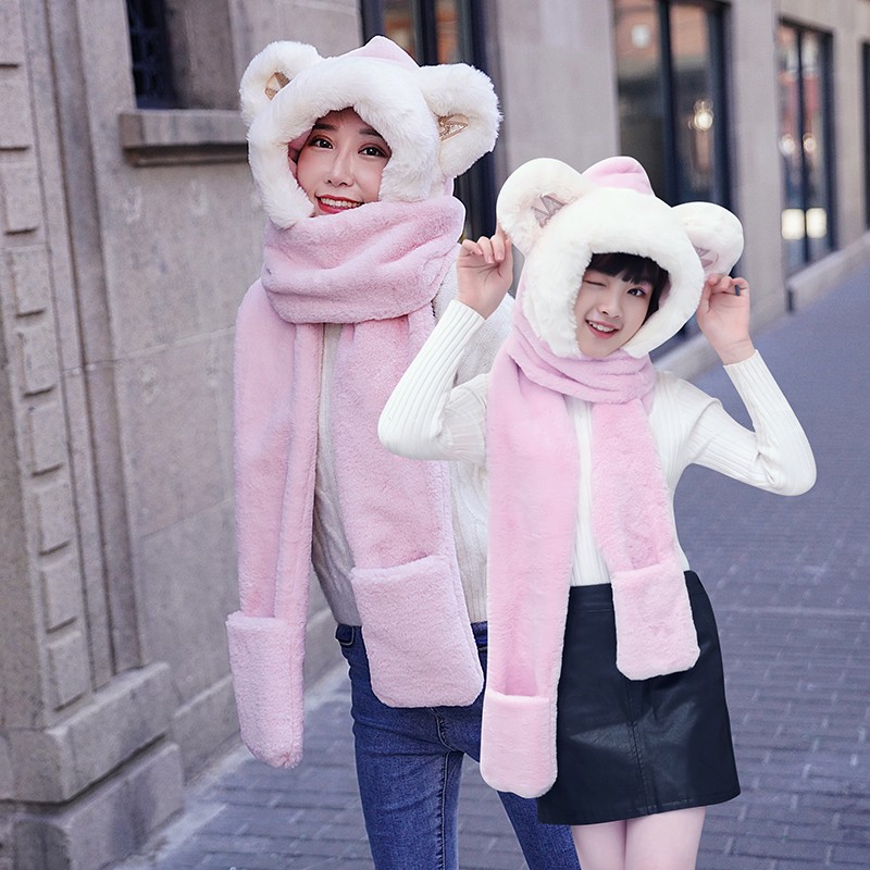 Bear Hat Korean Version Of Cute Female All-In-One Autumn Winter Winter Scarf Warm Gloves Bib Three-Piece Set Tide Specification drawing