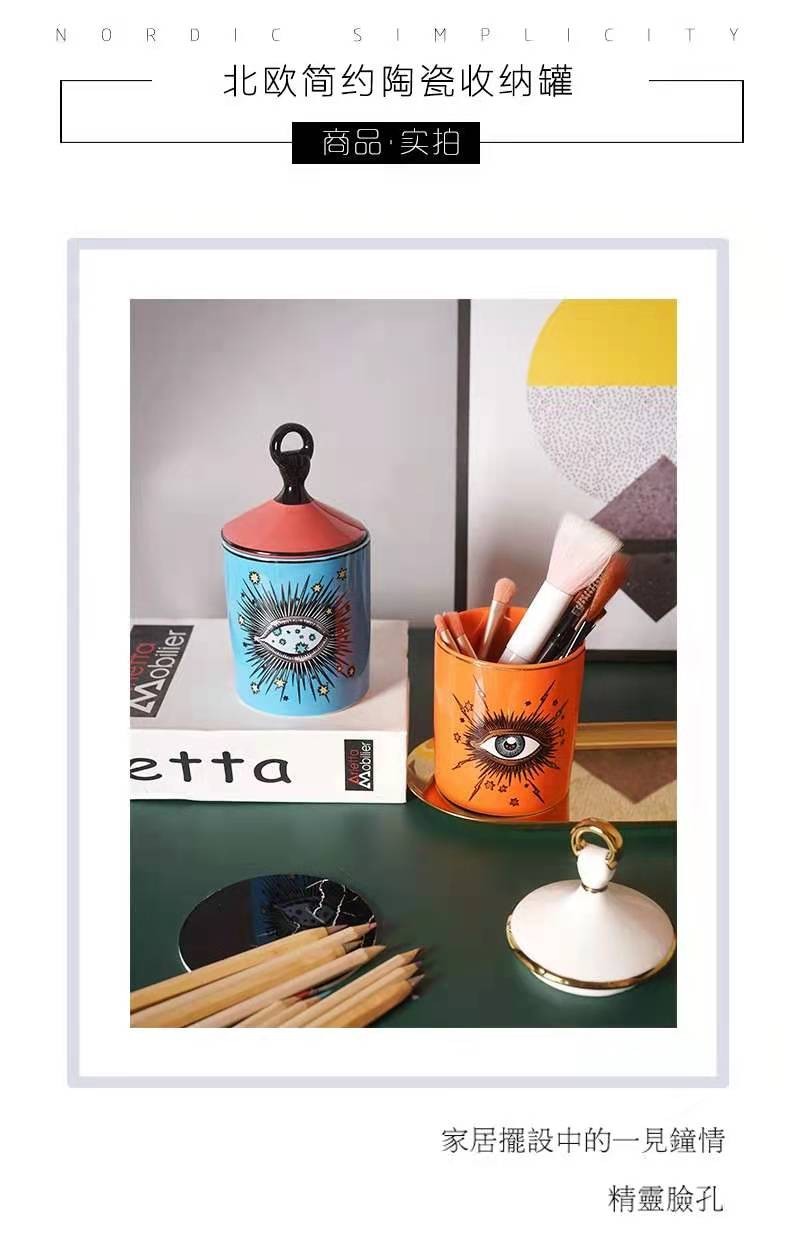 Ceramic custom candle cup ornament, blue and orange eye pen holder storage jar detail image 5