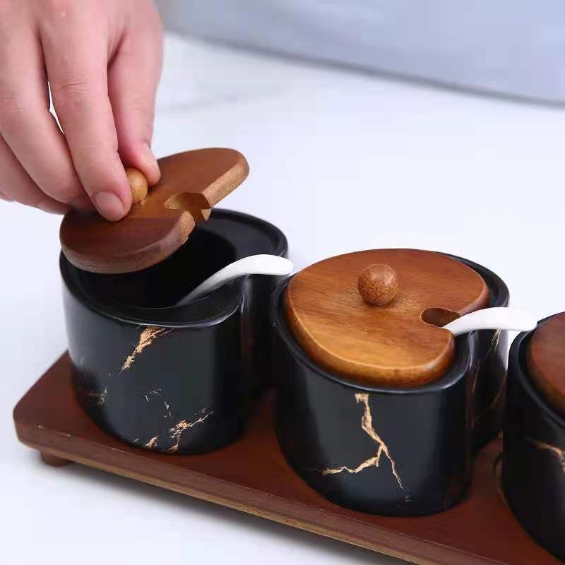 Ceramic seasoning jar with spoon set, household seasoning box, kitchen creative seasoning set, combination rack, seasoning condiment jar detail image 3