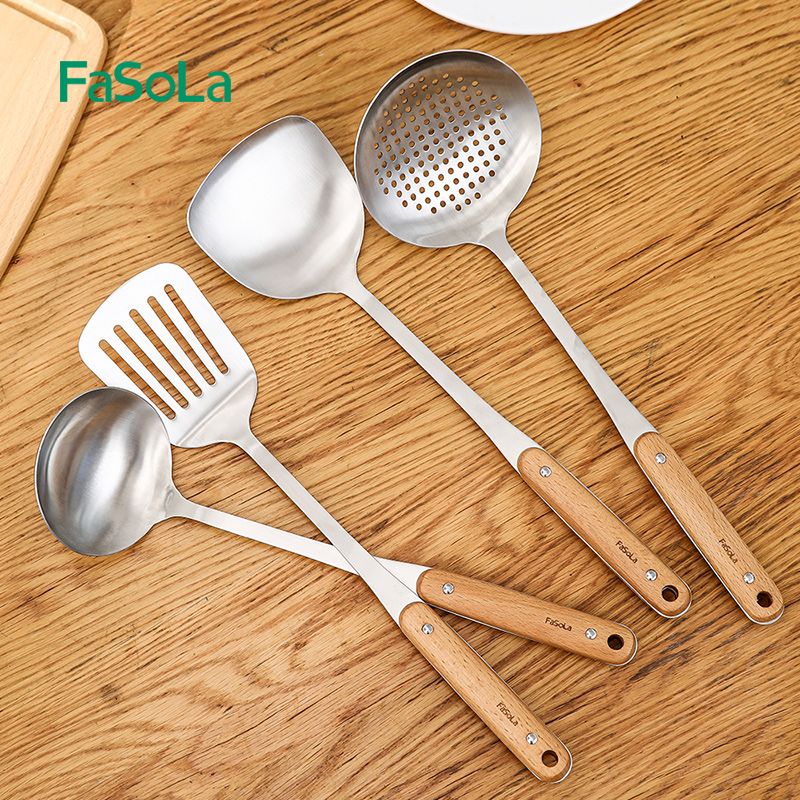 Anti-heat handle stainless steel spatula, soup spoon, strainer, cooking spatula, kitchenware set, kitchen non-stick pan, household frying spoon (strainer) Application Scenario