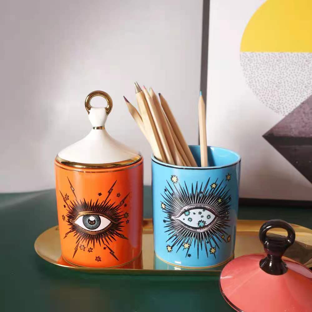 Ceramic custom candle cup ornament, blue and orange eye pen holder storage jar Specification image