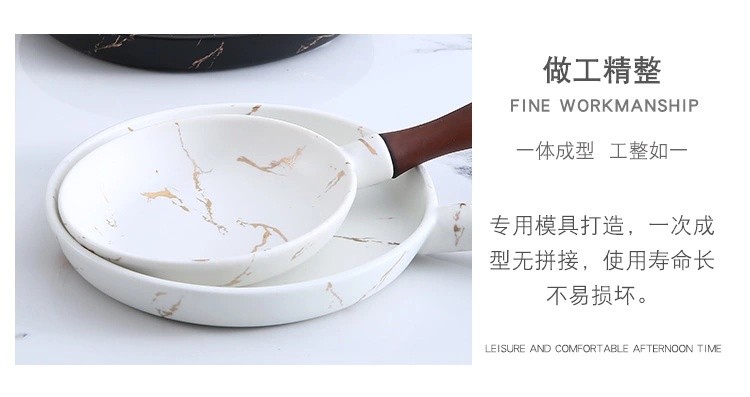 Simple matte gold marble-patterned ceramic dinner plates, European-style pizza plates with bamboo handles, household round plates wholesale detail image 16