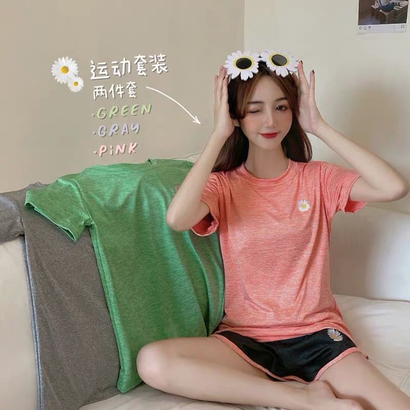 春夏季2021年韩版速干衣运动两件套宽松小雏菊休闲套装女