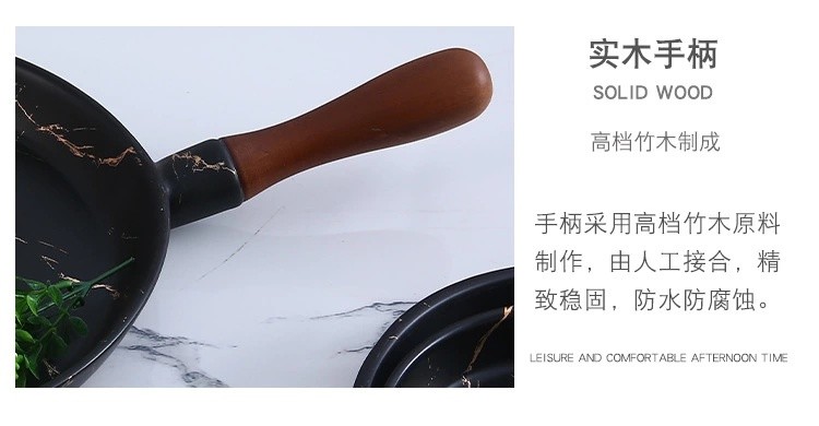 Simple matte gold marble-patterned ceramic dinner plates, European-style pizza plates with bamboo handles, household round plates wholesale detail image 14