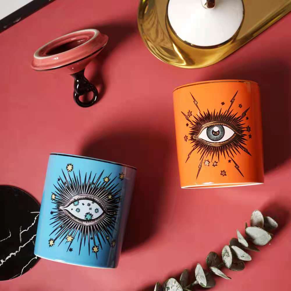 Ceramic custom candle cup ornament, blue and orange eye pen holder storage jar