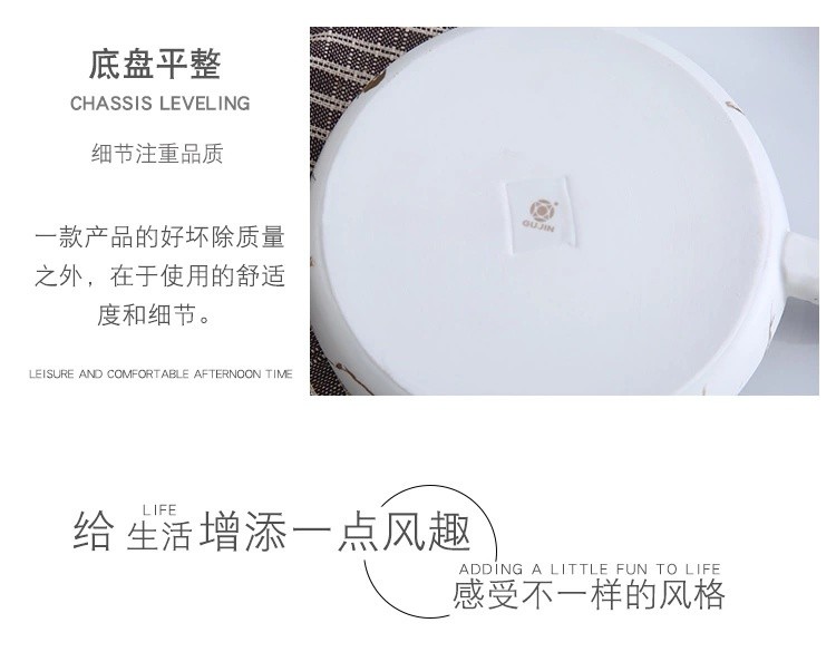 Simple matte gold marble-patterned ceramic dinner plates, European-style pizza plates with bamboo handles, household round plates wholesale detail image 18