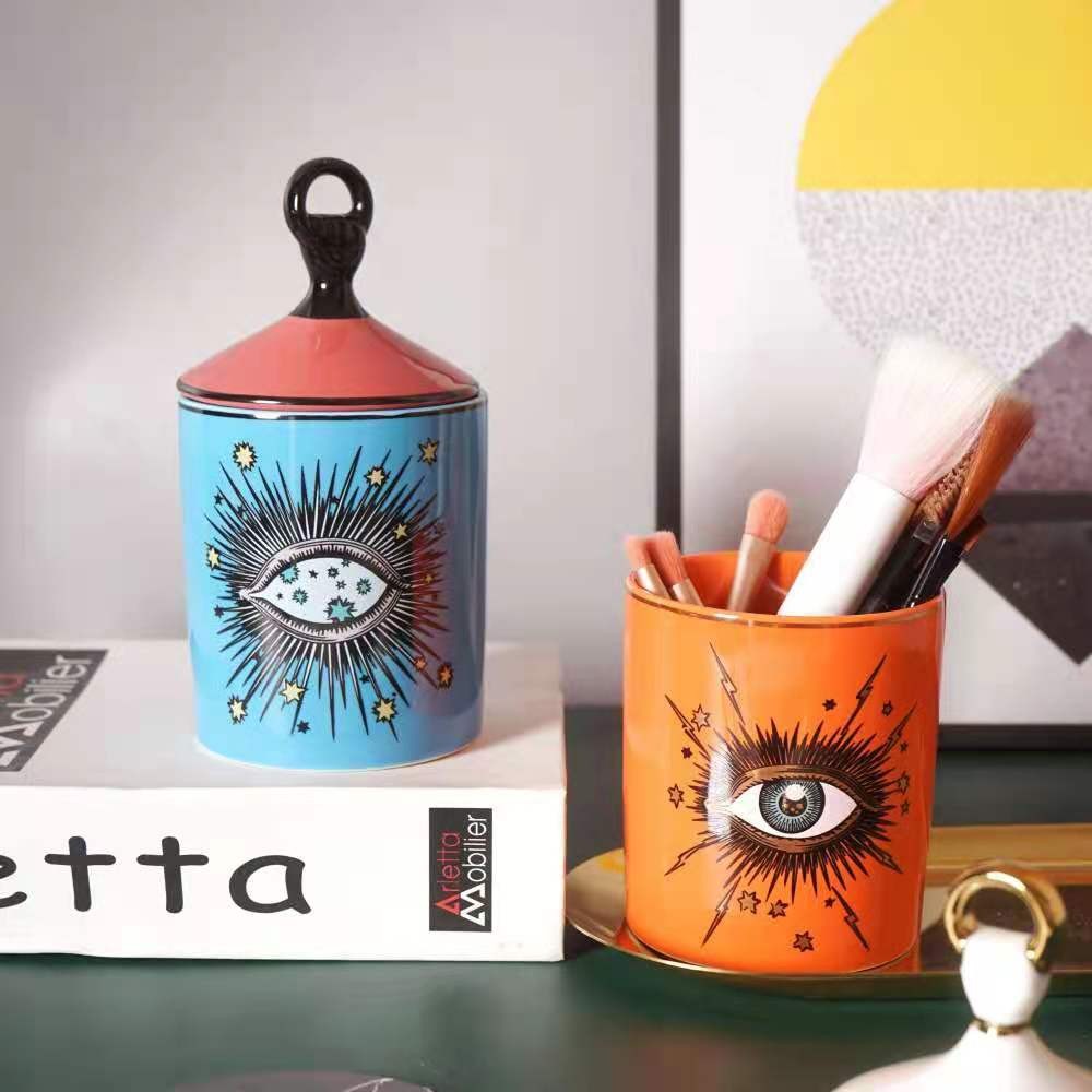 Ceramic custom candle cup ornament, blue and orange eye pen holder storage jar detail image 4