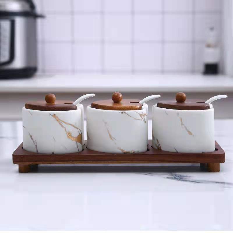 Ceramic seasoning jar with spoon set, household seasoning box, kitchen creative seasoning set, combination rack, seasoning condiment jar details Picture