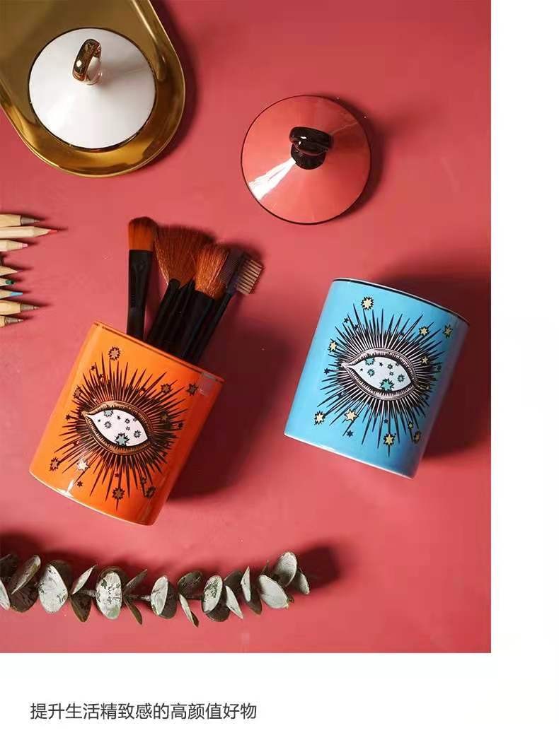 Ceramic custom candle cup ornament, blue and orange eye pen holder storage jar detail image 2
