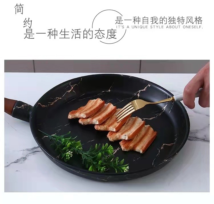 Simple matte gold marble-patterned ceramic dinner plates, European-style pizza plates with bamboo handles, household round plates wholesale detail image 5