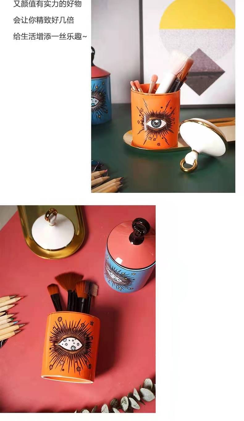 Ceramic custom candle cup ornament, blue and orange eye pen holder storage jar detail image 6