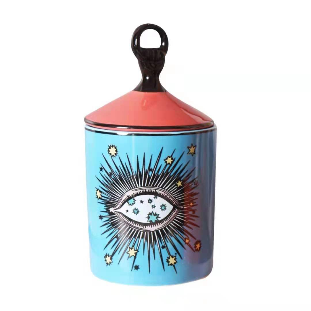 Ceramic custom candle cup ornament, blue and orange eye pen holder storage jar details Picture