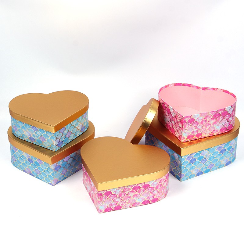 烫金心形礼盒三件套鱼鳞纹爱心盒心形花盒鲜花礼品盒伴手礼盒批发详情图2