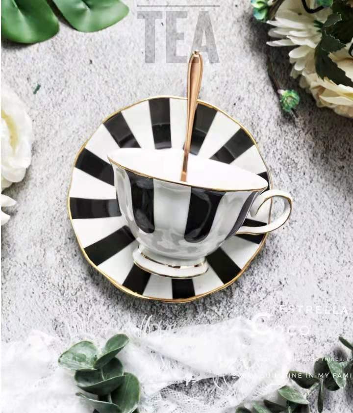 复古风黑白波点条纹骨瓷欧式金边咖啡杯碟套装ins拍照下午茶详情图7
