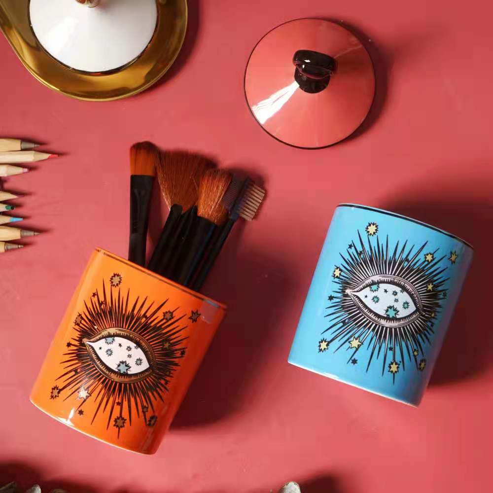 Ceramic custom candle cup ornament, blue and orange eye pen holder storage jar Application Scenario