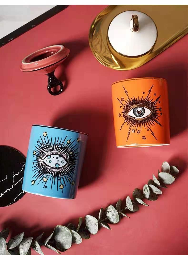 Ceramic custom candle cup ornament, blue and orange eye pen holder storage jar detail image 3