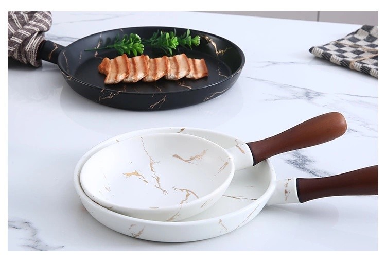 Simple matte gold marble-patterned ceramic dinner plates, European-style pizza plates with bamboo handles, household round plates wholesale detail image 15