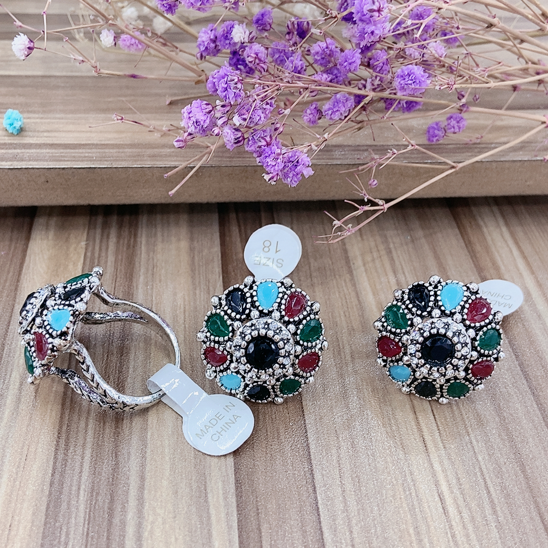 Retro ring, fashion exaggerated ring, pointed head round drop resin mixed color resin ring