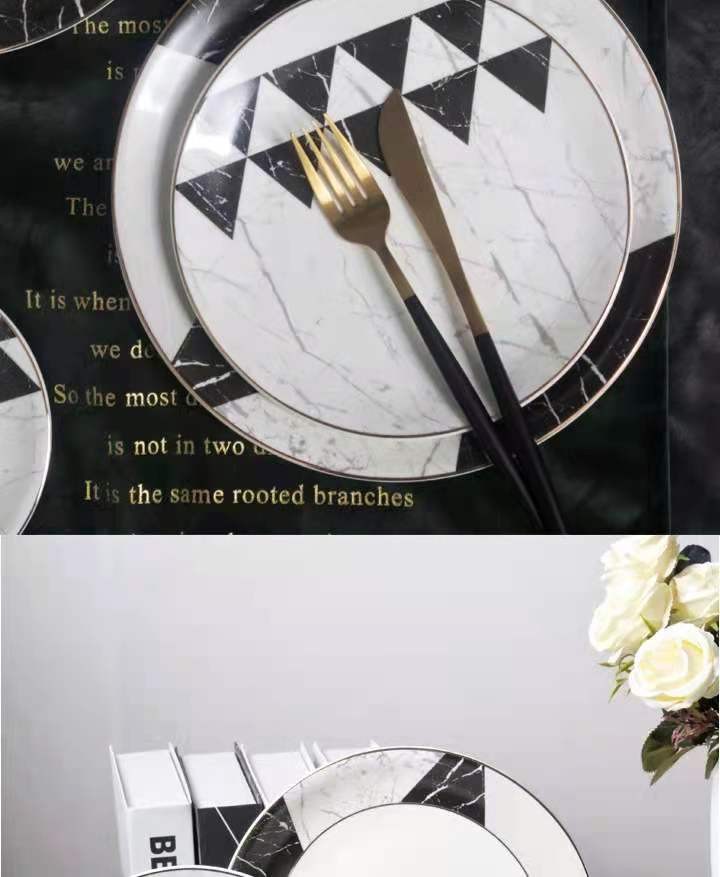 Export gold-plated marble-patterned ceramic plates, Western dining plates, spoons, bowls and tableware sets, coffee cups and plates, geometric pattern tableware detail image 6