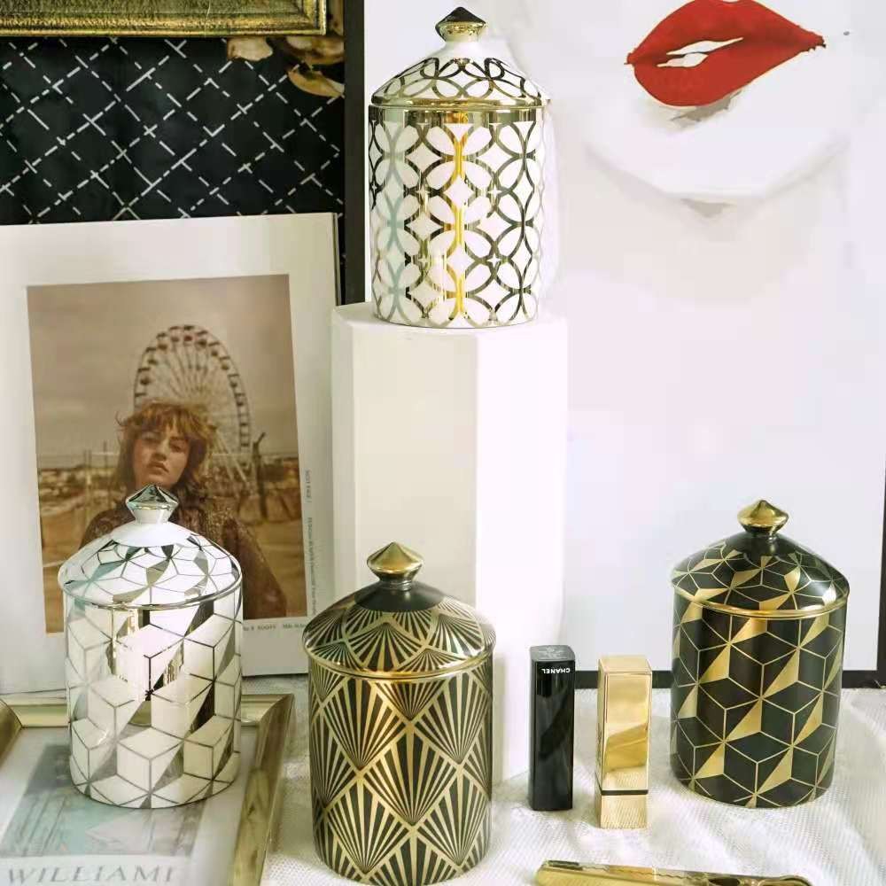 Customized LOGO pattern for the new geometric gold, silver and black ceramic storage jar cup detail image 1