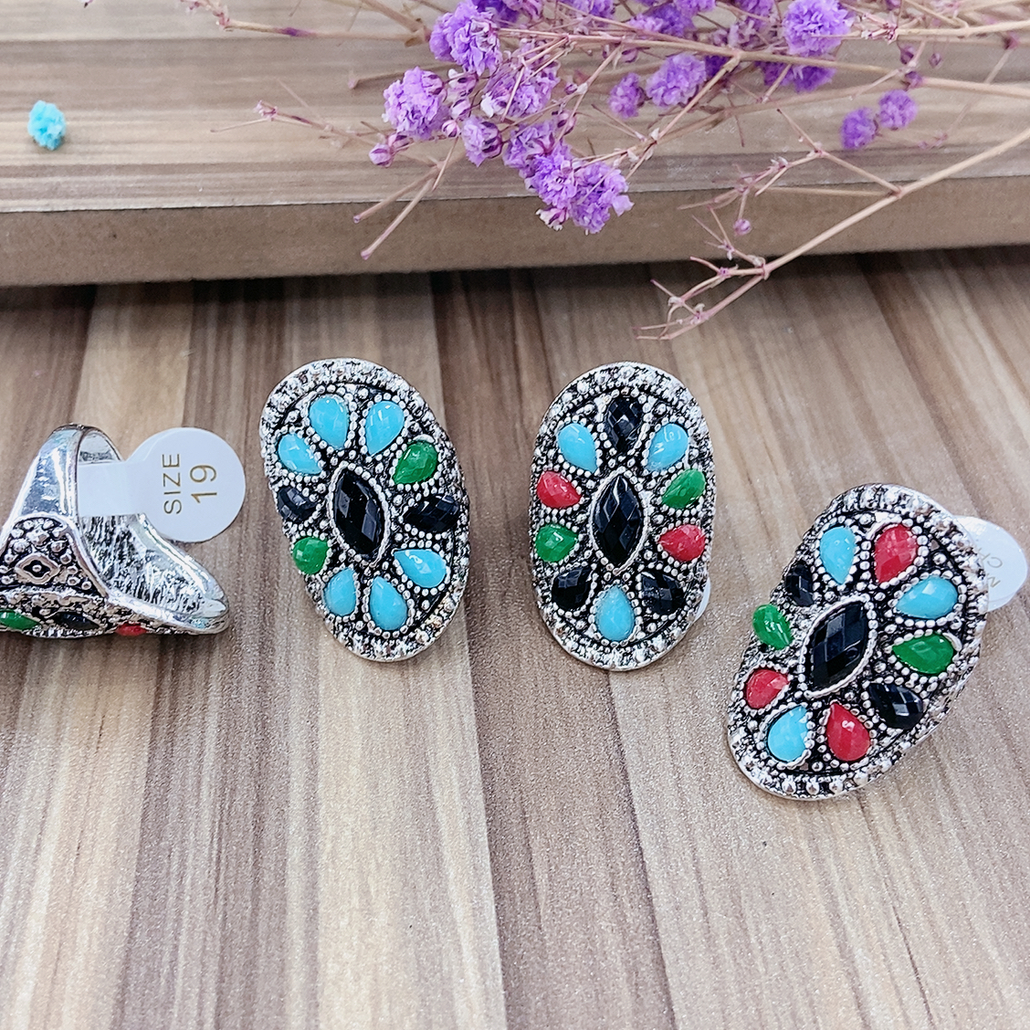 Vintage ring Denier ancient silver, fashion exaggerated ring, water drop resin mixed color resin ring
