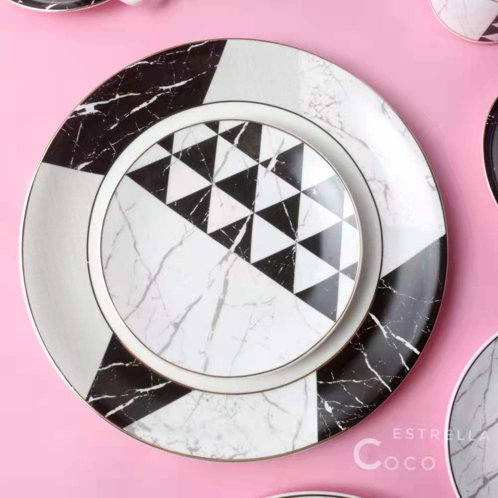 Export gold-plated marble-patterned ceramic plates, Western dining plates, spoons, bowls and tableware sets, coffee cups and plates, geometric pattern tableware detail image 9