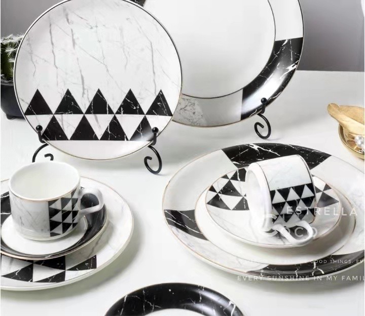 Export gold-plated marble-patterned ceramic plates, Western dining plates, spoons, bowls and tableware sets, coffee cups and plates, geometric pattern tableware detail image 5