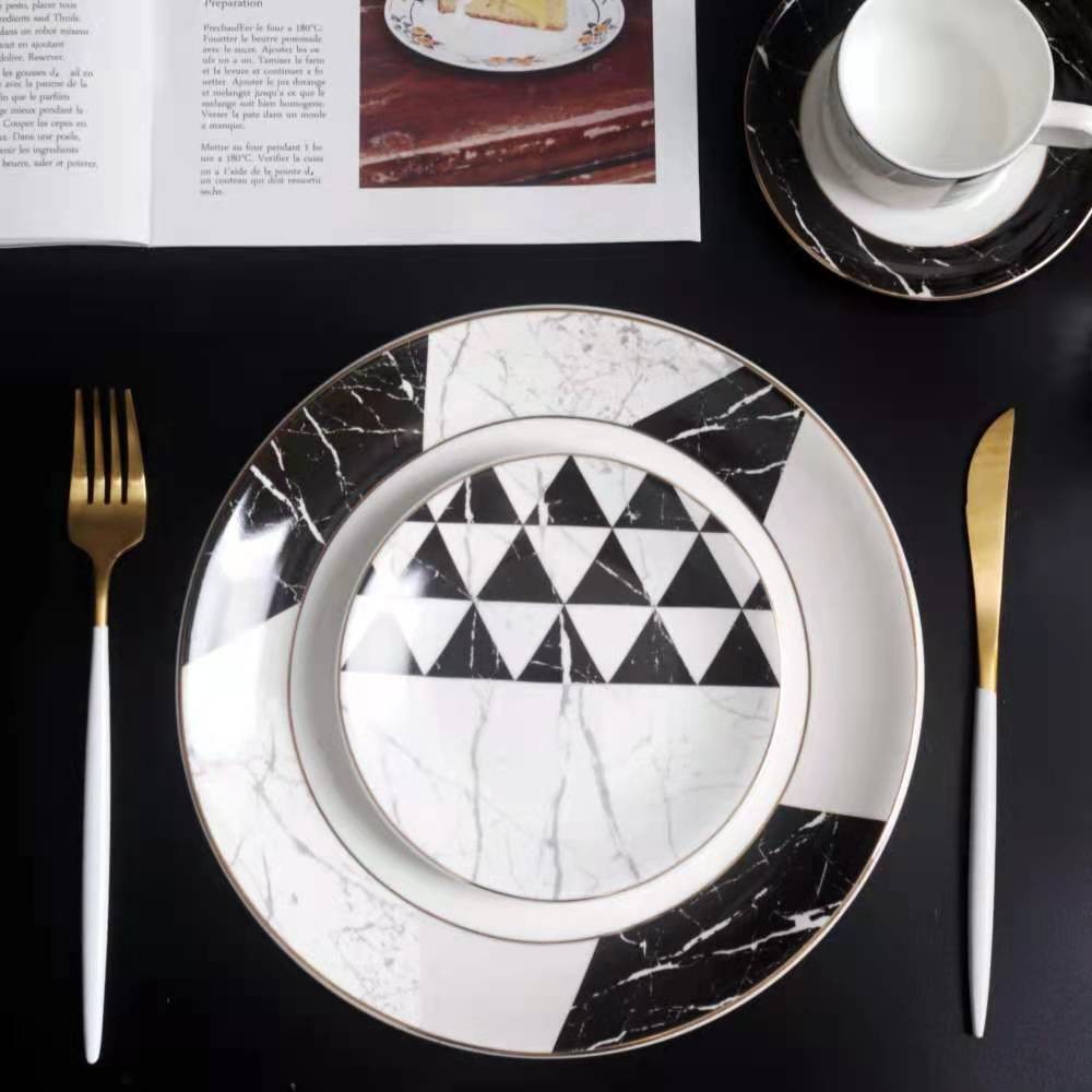 Export gold-plated marble-patterned ceramic plates, Western dining plates, spoons, bowls and tableware sets, coffee cups and plates, geometric pattern tableware detail image 11