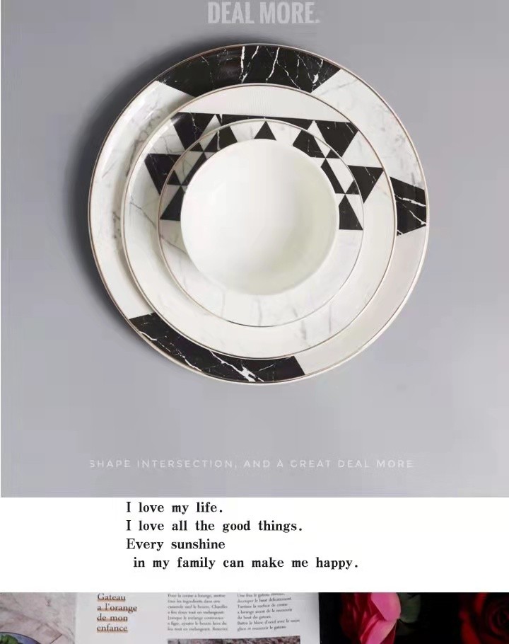 Export gold-plated marble-patterned ceramic plates, Western dining plates, spoons, bowls and tableware sets, coffee cups and plates, geometric pattern tableware detail image 7