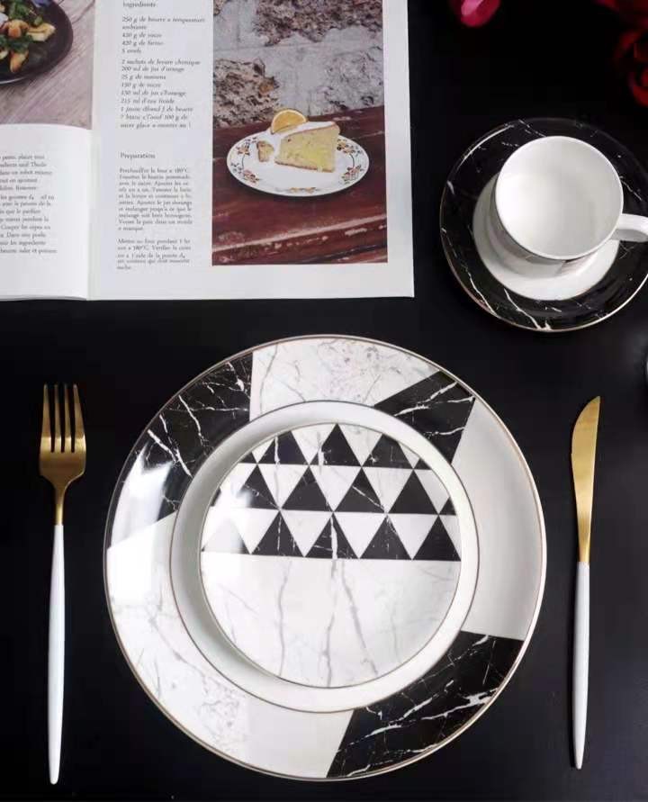 Export gold-plated marble-patterned ceramic plates, Western dining plates, spoons, bowls and tableware sets, coffee cups and plates, geometric pattern tableware detail image 13