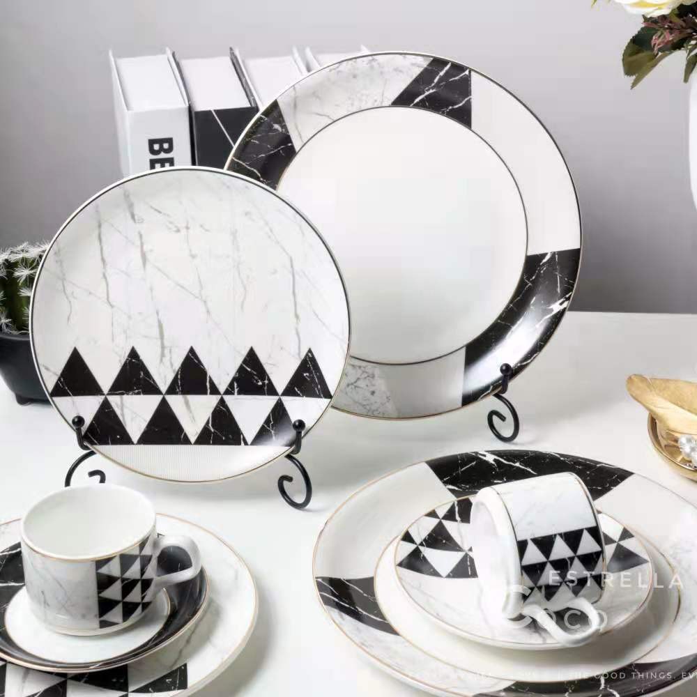 Export gold-plated marble-patterned ceramic plates, Western dining plates, spoons, bowls and tableware sets, coffee cups and plates, geometric pattern tableware detail image 2
