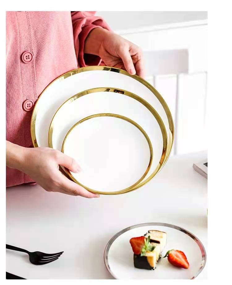 European-style simple and creative gold-edge ceramic Western-style plates, dessert cake plates, steak plates, breakfast plates, and household vegetable plates detail image 12