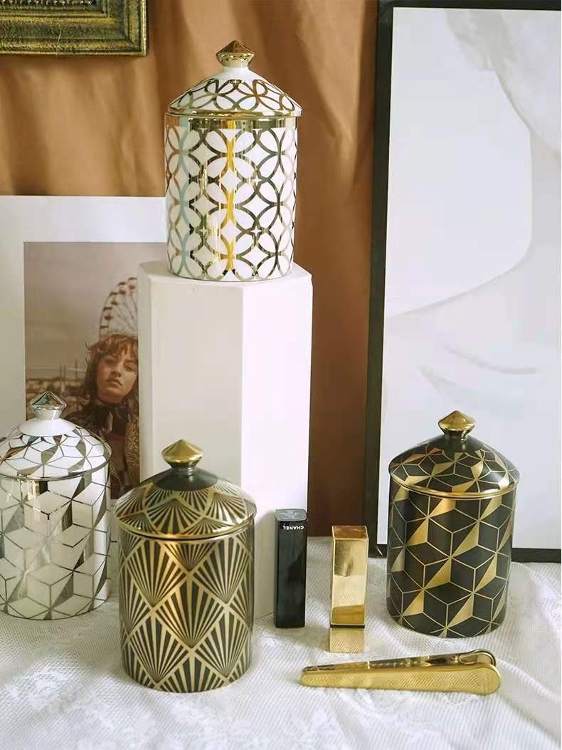 Customized LOGO pattern for the new geometric gold, silver and black ceramic storage jar cup detail image 5