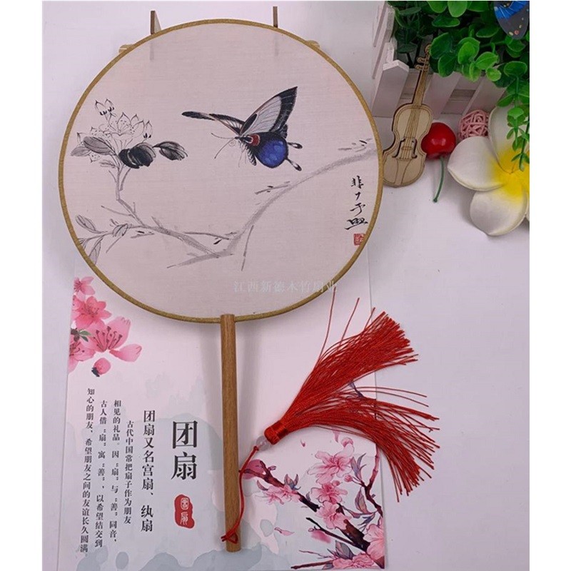 印花长柄彩边团扇古风长木柄团扇半透明汉服团扇宫扇中国风木柄丝绢圆扇拍照摄影扇详情图9