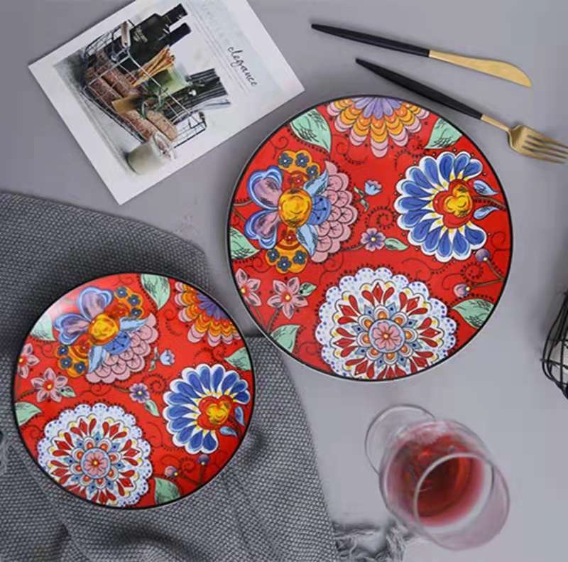 Hand-painted creative wedding big red Chinese ceramic tableware, household vegetable plates, bowls and plates, Western dining plates detail image 11