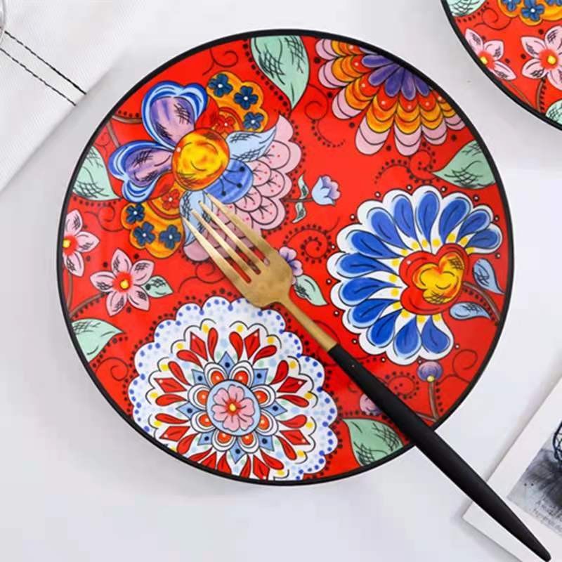 Hand-painted creative wedding big red Chinese ceramic tableware, household vegetable plates, bowls and plates, Western dining plates detail image 10
