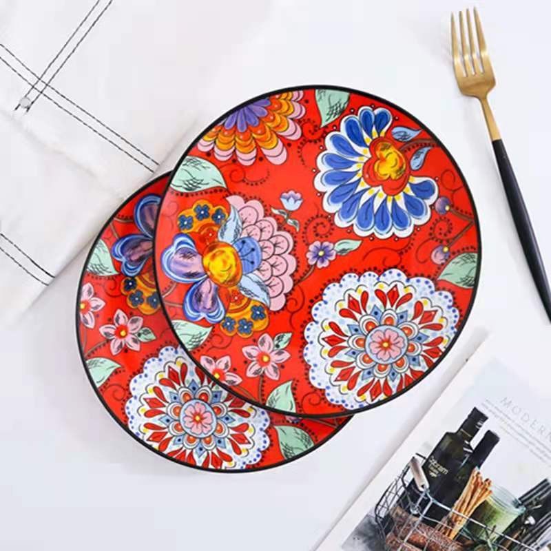 Hand-painted creative wedding big red Chinese ceramic tableware, household vegetable plates, bowls and plates, Western dining plates detail image 7
