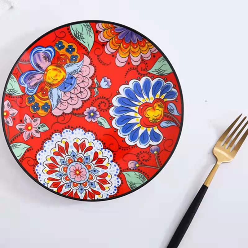 Hand-painted creative wedding big red Chinese ceramic tableware, household vegetable plates, bowls and plates, Western dining plates Item Picture