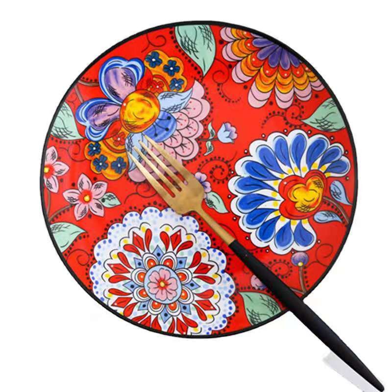 Hand-painted creative wedding big red Chinese ceramic tableware, household vegetable plates, bowls and plates, Western dining plates detail image 1
